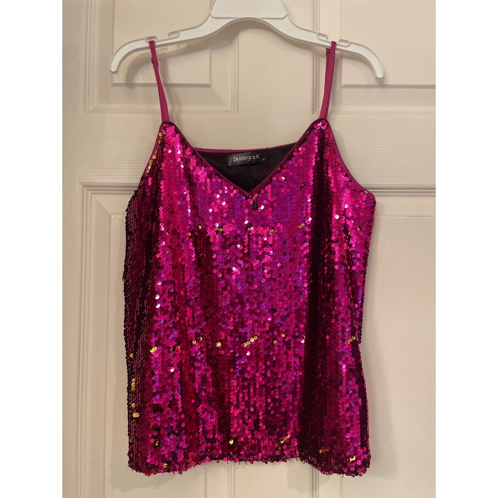Allegra K Womens Fuchsia Pink Sequin‎ V-Neck Cami Tank Top Party Clubwear Size M